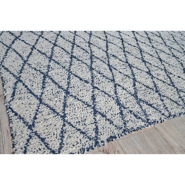 Ivory and Navy Geometric Handmade Synthetic 9' x 12' Area Rug