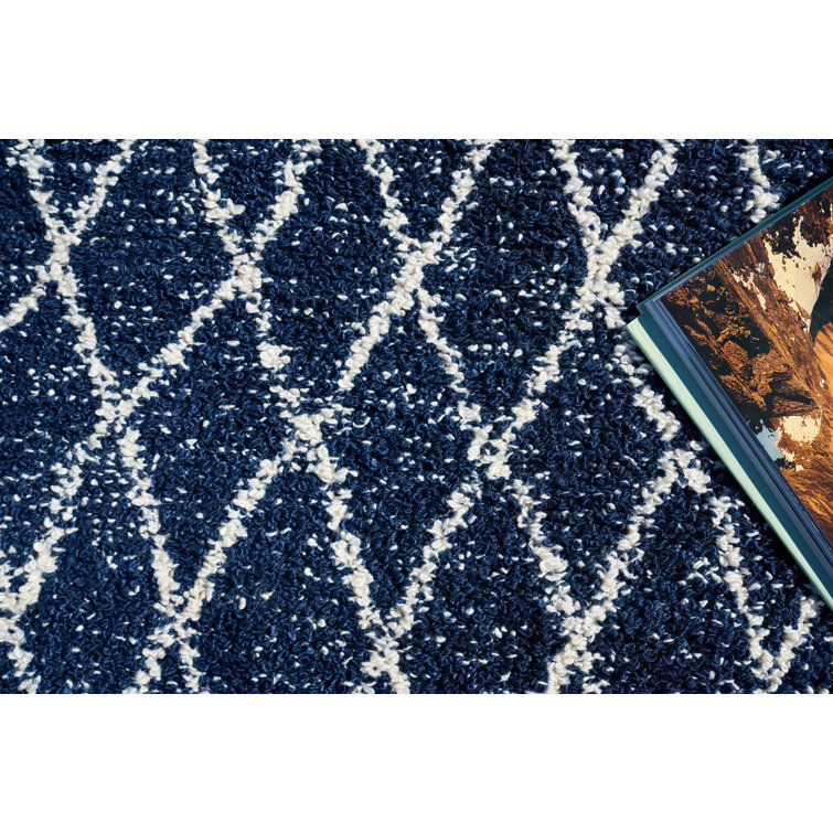 Ivory and Navy Geometric Handmade Synthetic 9' x 12' Area Rug