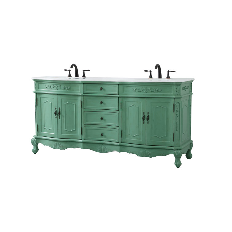 Vintage Mint Solid Wood Double Bathroom Vanity with Marble Top