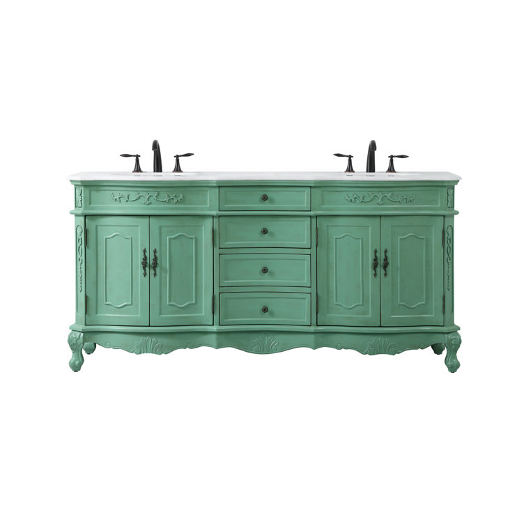 Vintage Mint Solid Wood Double Bathroom Vanity with Marble Top