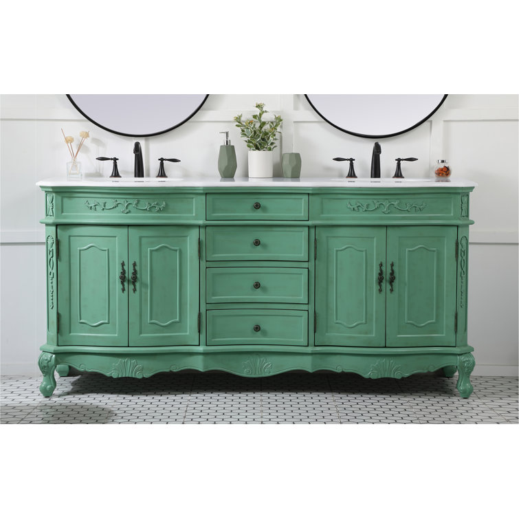 Vintage Mint Solid Wood Double Bathroom Vanity with Marble Top