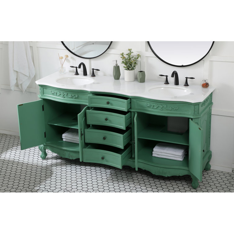 Vintage Mint Solid Wood Double Bathroom Vanity with Marble Top