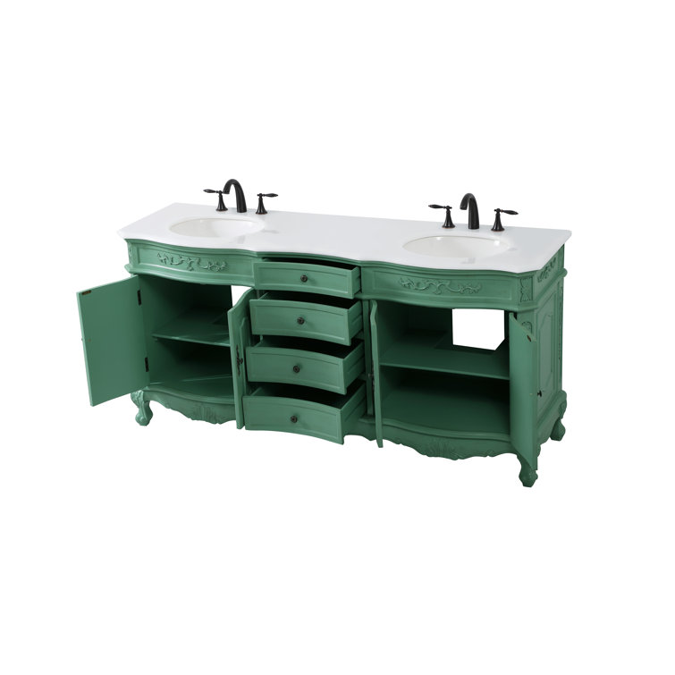 Vintage Mint Solid Wood Double Bathroom Vanity with Marble Top