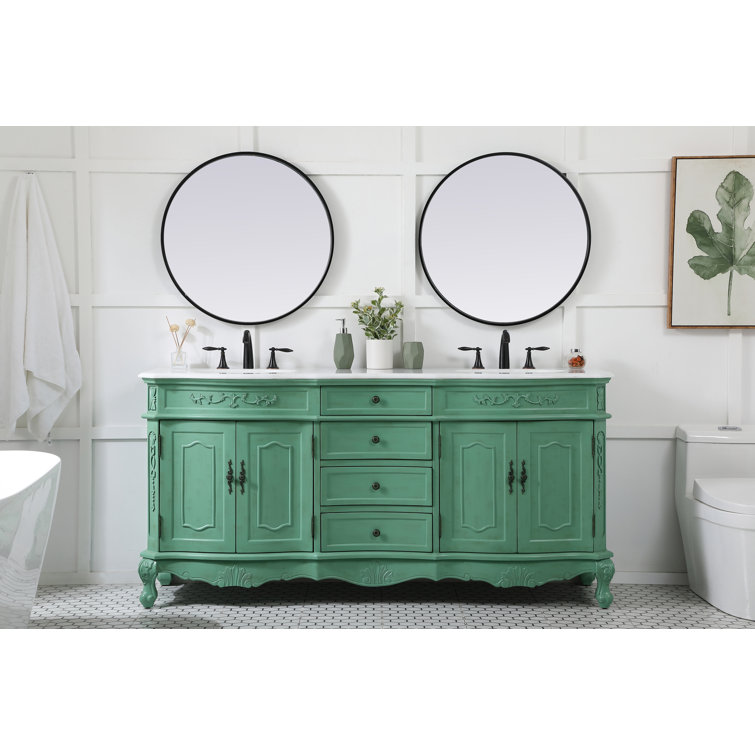 Vintage Mint Solid Wood Double Bathroom Vanity with Marble Top