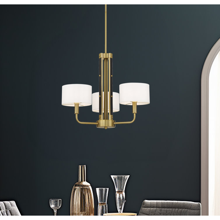 Elegant Soft Brass 3-Light Adjustable Chandelier with White Silk Drum Shades