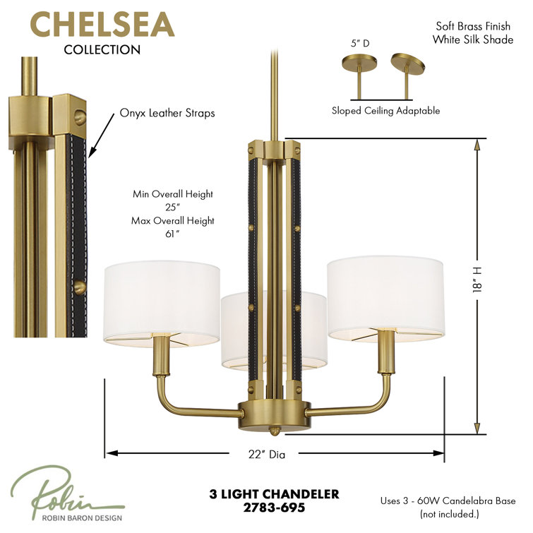 Elegant Soft Brass 3-Light Adjustable Chandelier with White Silk Drum Shades