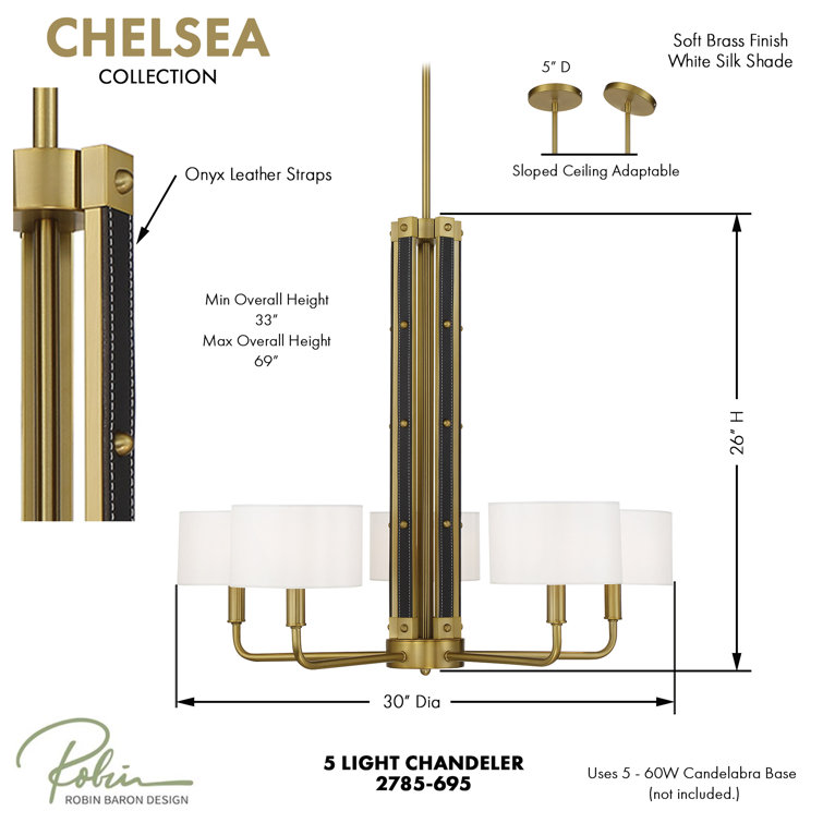 Chelsea Soft Brass 5-Light Chandelier with White Silk Shades