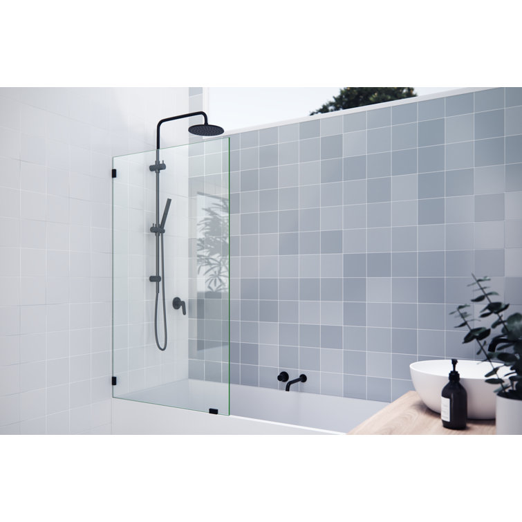 Vela 34 in. x 58 in. Frameless Clear Glass Bathtub Panel with Polished Brass Hardware