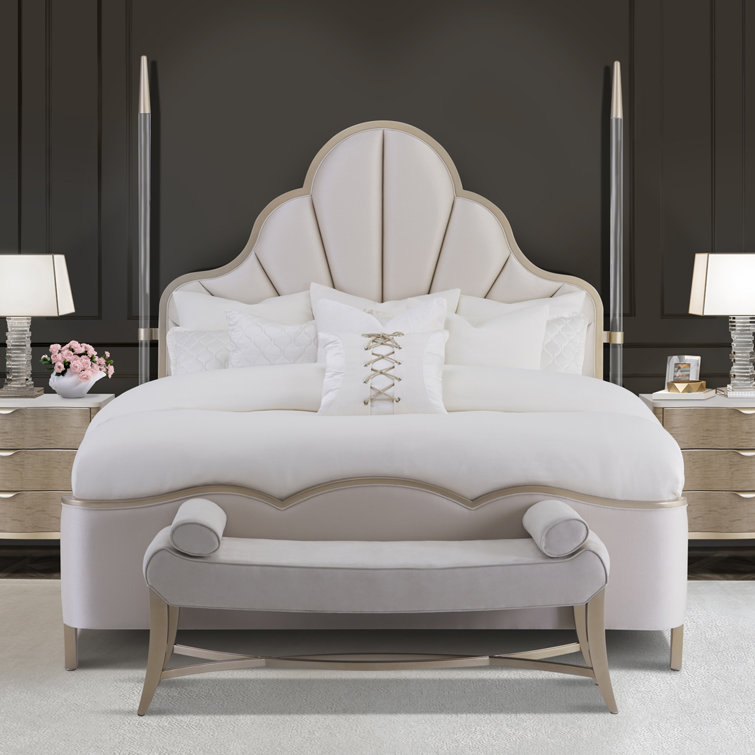 Beige Cream Queen Poster Bed with Tufted Upholstery and Acrylic Posts
