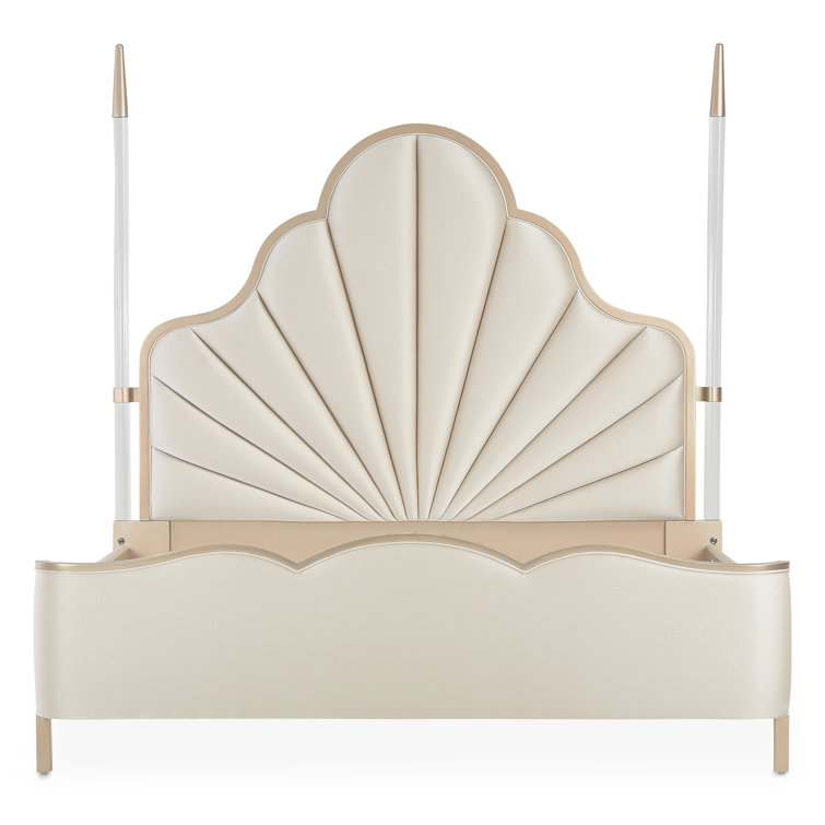 Beige Cream Queen Poster Bed with Tufted Upholstery and Acrylic Posts