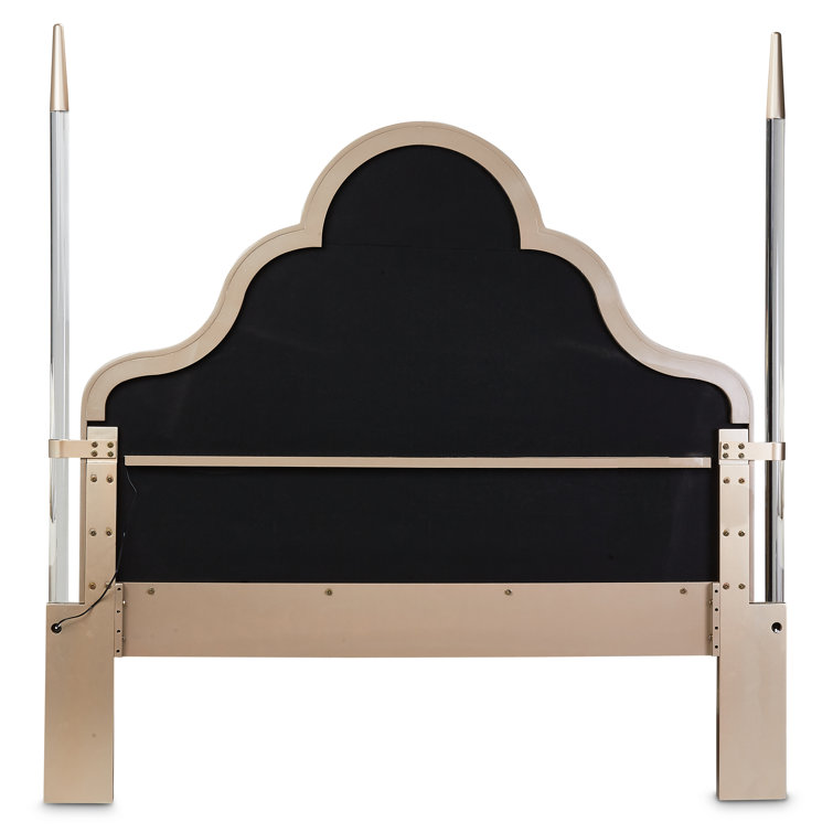 Beige Cream Queen Poster Bed with Tufted Upholstery and Acrylic Posts