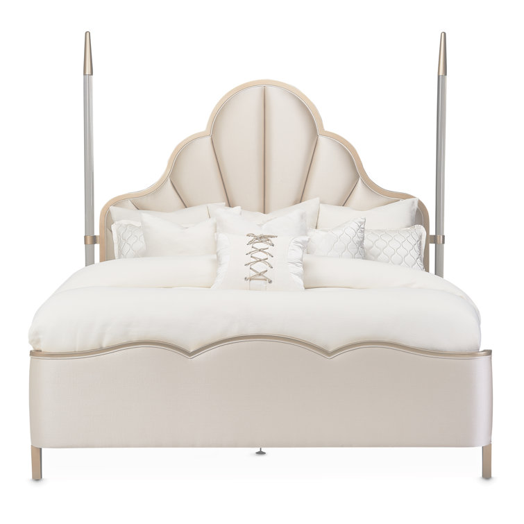 Beige Cream Queen Poster Bed with Tufted Upholstery and Acrylic Posts