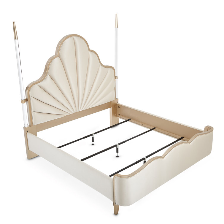 Beige Cream Queen Poster Bed with Tufted Upholstery and Acrylic Posts