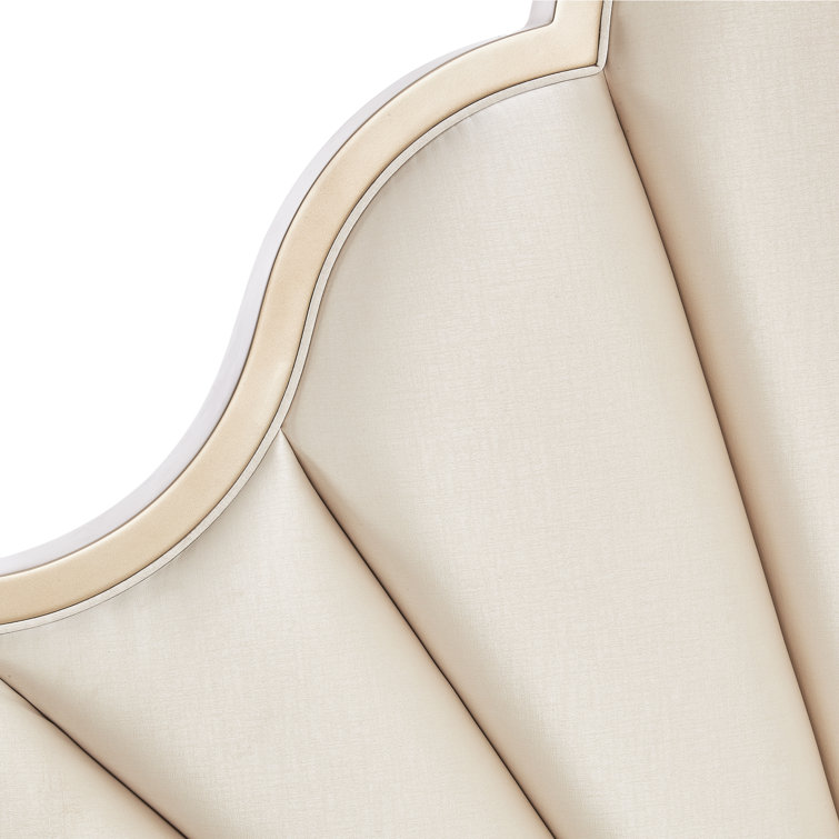 Beige Cream Queen Poster Bed with Tufted Upholstery and Acrylic Posts