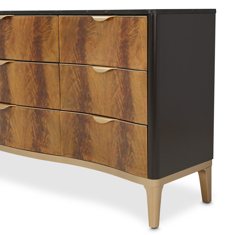 Mahogany and Marble Transitional 9-Drawer Double Dresser