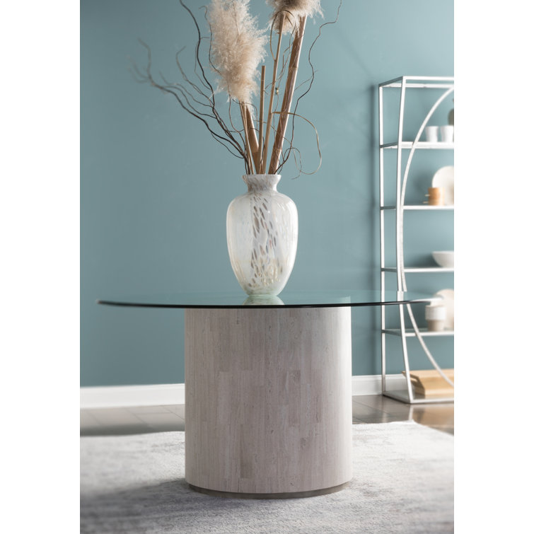 Beige Travertine and Glass Round Dining Table, 60 inch