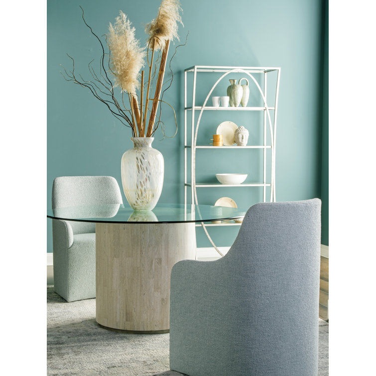 Beige Travertine and Glass Round Dining Table, 60 inch