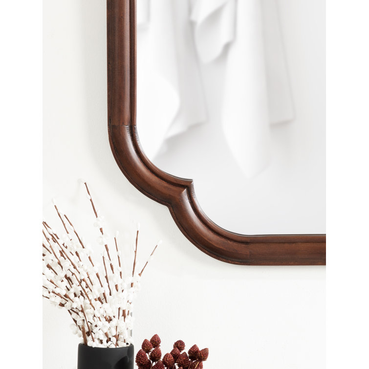 Walnut Brown Scalloped Wooden Rectangular Wall Mirror