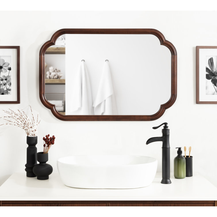 Walnut Brown Scalloped Wooden Rectangular Wall Mirror