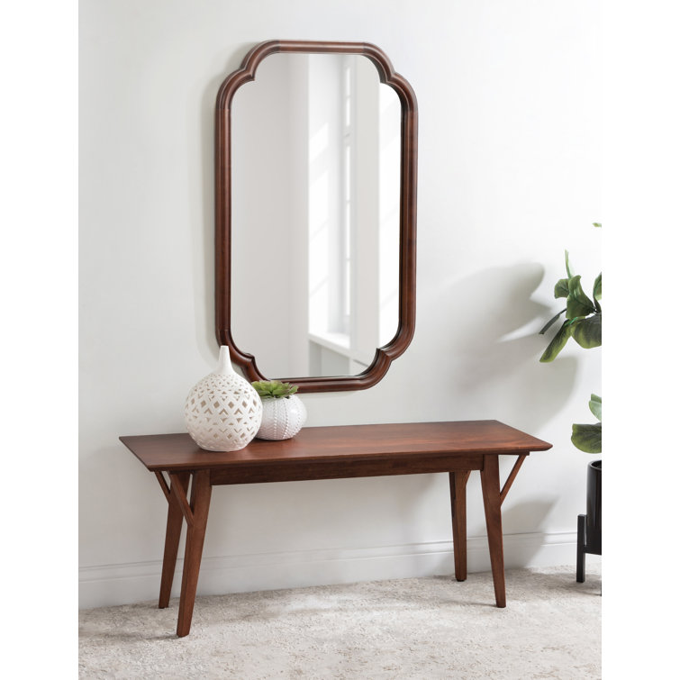 Walnut Brown Scalloped Wooden Rectangular Wall Mirror