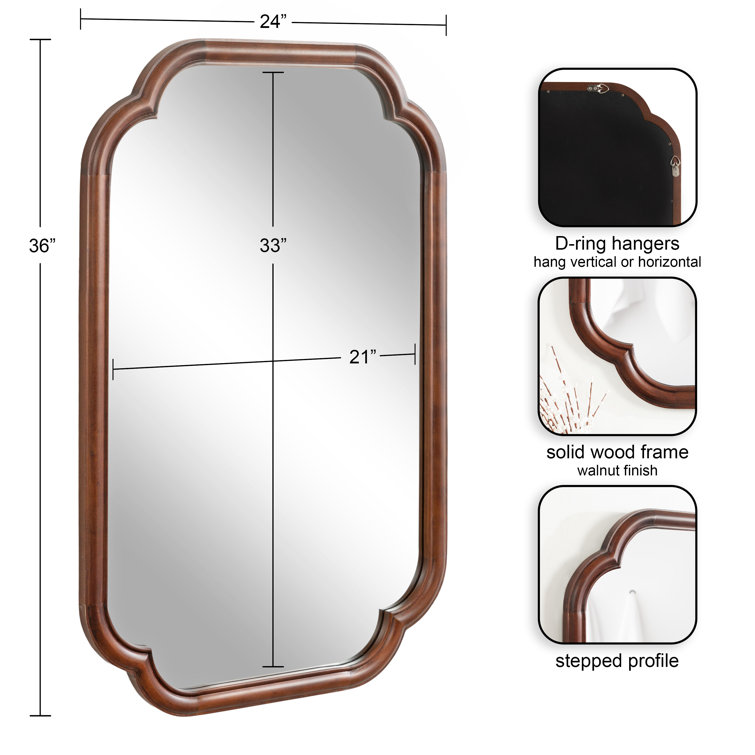 Walnut Brown Scalloped Wooden Rectangular Wall Mirror