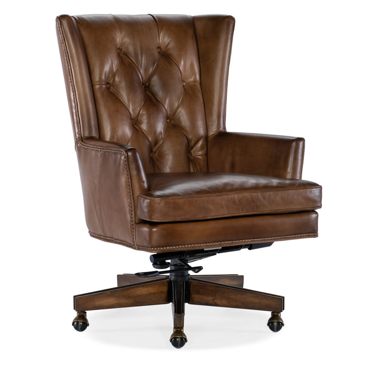 Brown Leather High Back Swivel Executive Chair with Dark Wood Base
