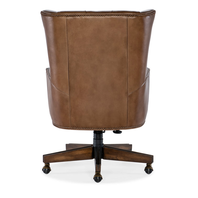Brown Leather High Back Swivel Executive Chair with Dark Wood Base
