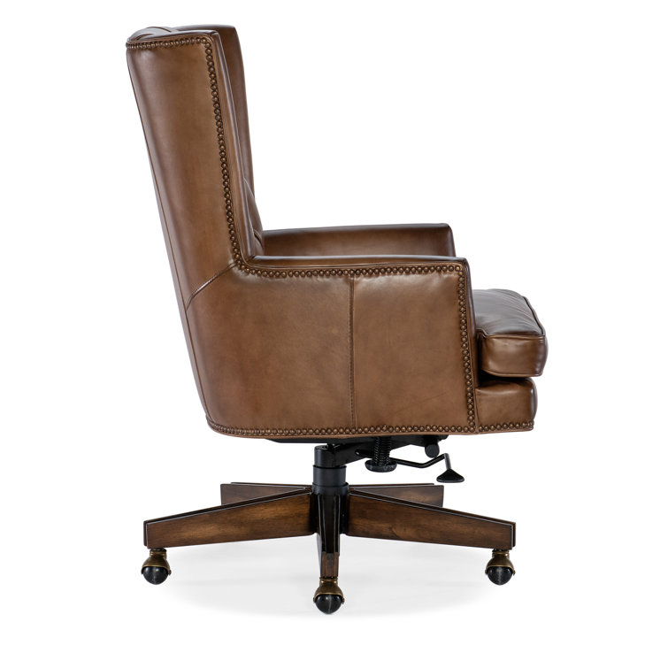 Brown Leather High Back Swivel Executive Chair with Dark Wood Base