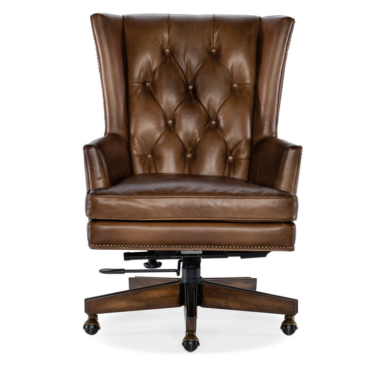 Brown Leather High Back Swivel Executive Chair with Dark Wood Base