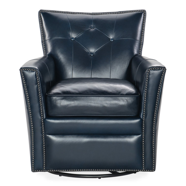 Hamptons Blue Leather Swivel Accent Chair with Nailhead Trim