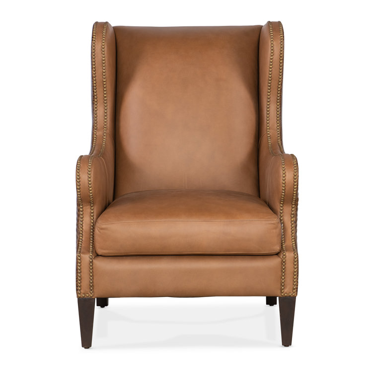 Heaven 30" Wide Brown Leather Wingback Chair with Dark Wood Legs