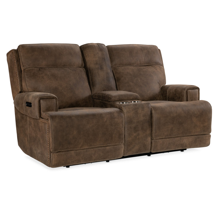 Seville Timber Brown Leather Reclining Loveseat with Storage and Cup Holder