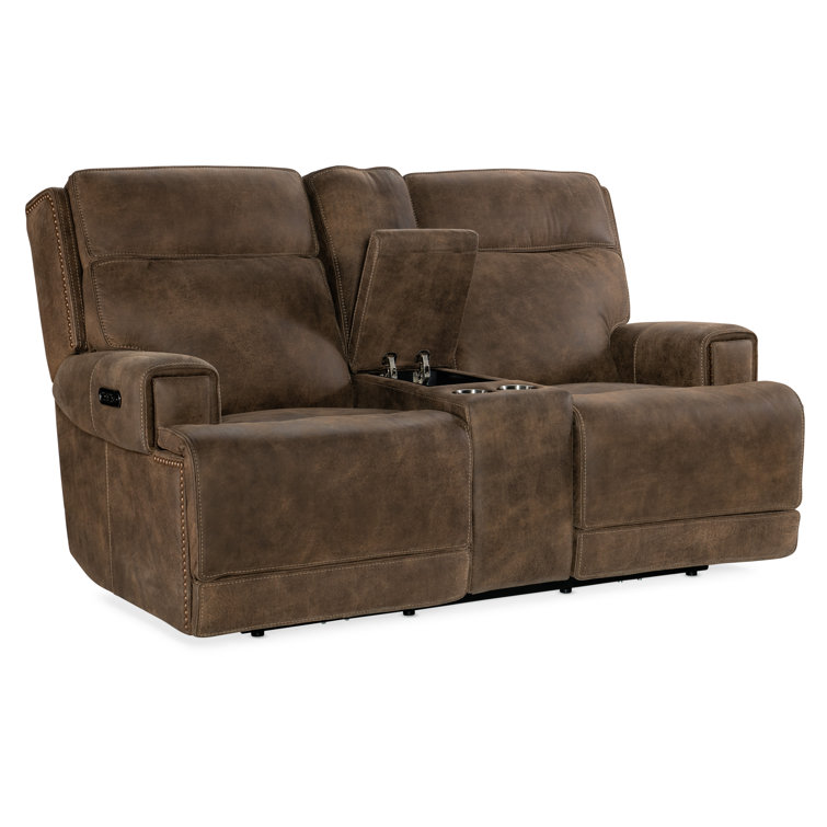 Seville Timber Brown Leather Reclining Loveseat with Storage and Cup Holder