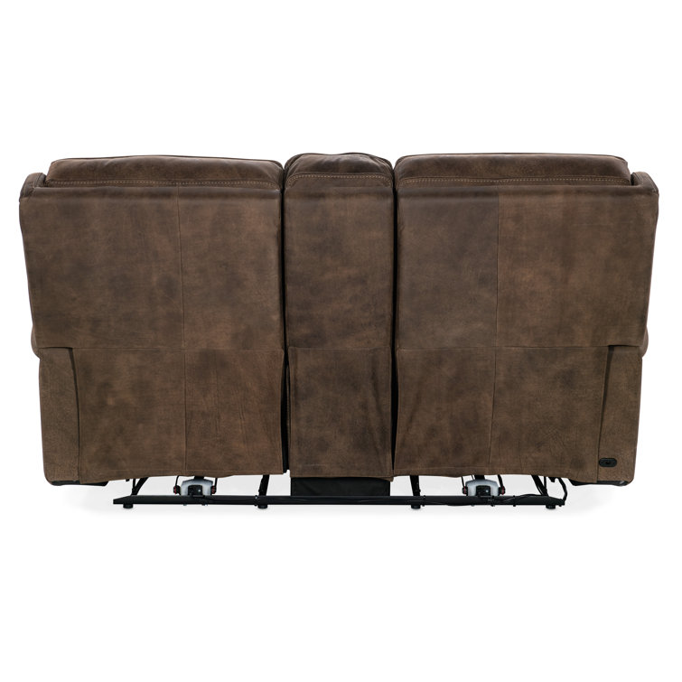 Seville Timber Brown Leather Reclining Loveseat with Storage and Cup Holder