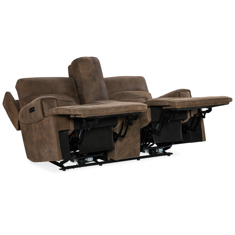 Seville Timber Brown Leather Reclining Loveseat with Storage and Cup Holder