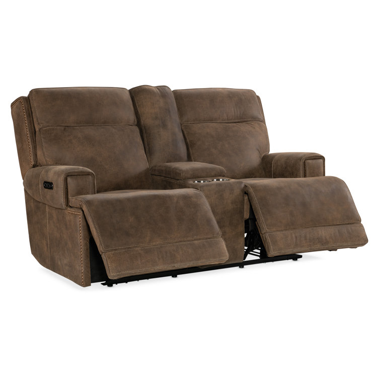 Seville Timber Brown Leather Reclining Loveseat with Storage and Cup Holder