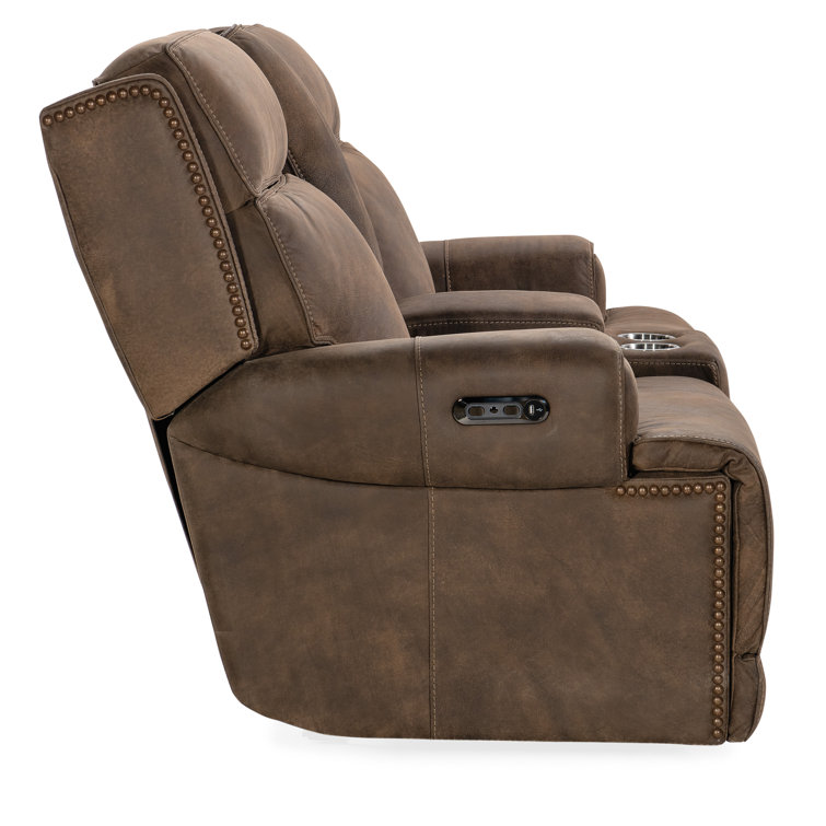Seville Timber Brown Leather Reclining Loveseat with Storage and Cup Holder