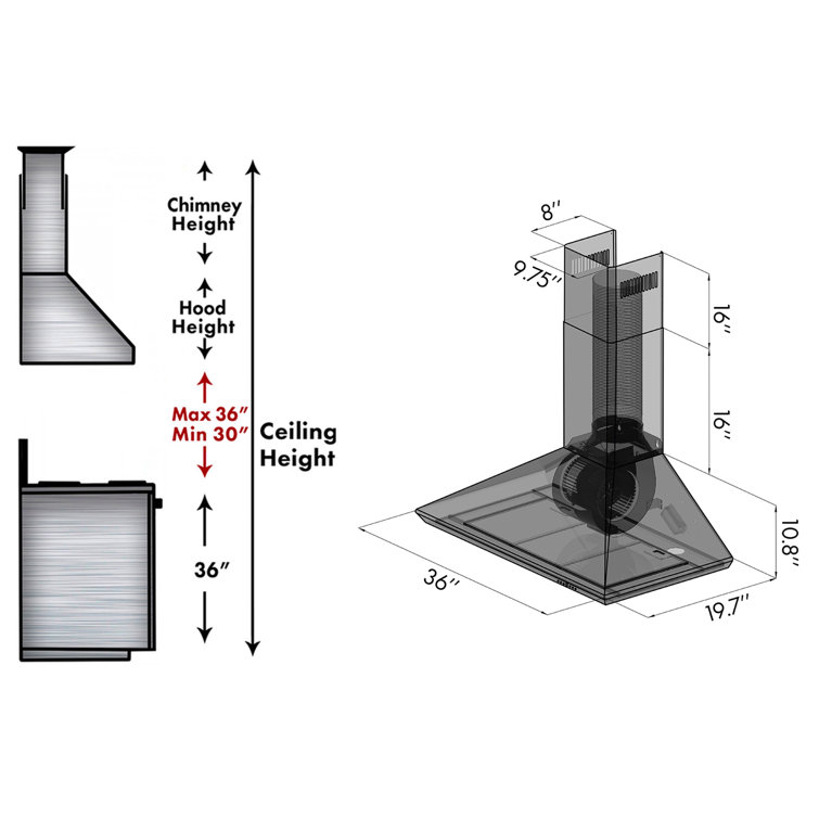 36" Stainless Steel Convertible Wall Mount Range Hood with Charcoal Filter