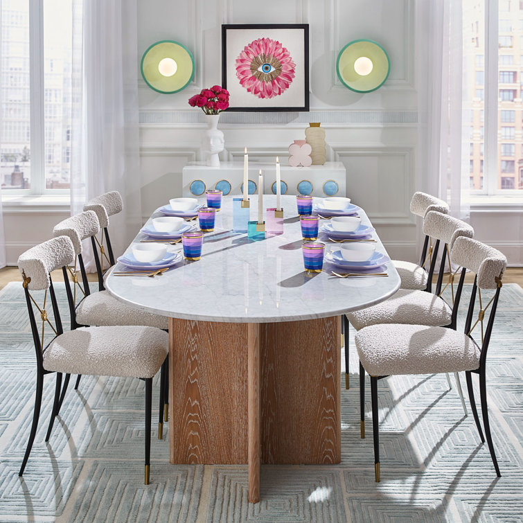 Oval White Marble and Oak Pedestal Dining Table