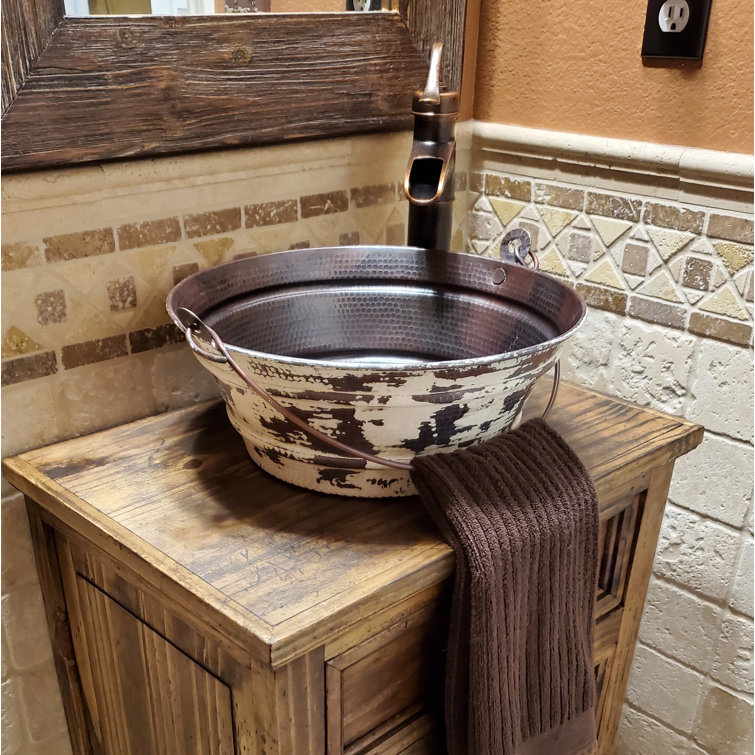 15" Round Copper Vessel Sink with Distressed Antique White Exterior