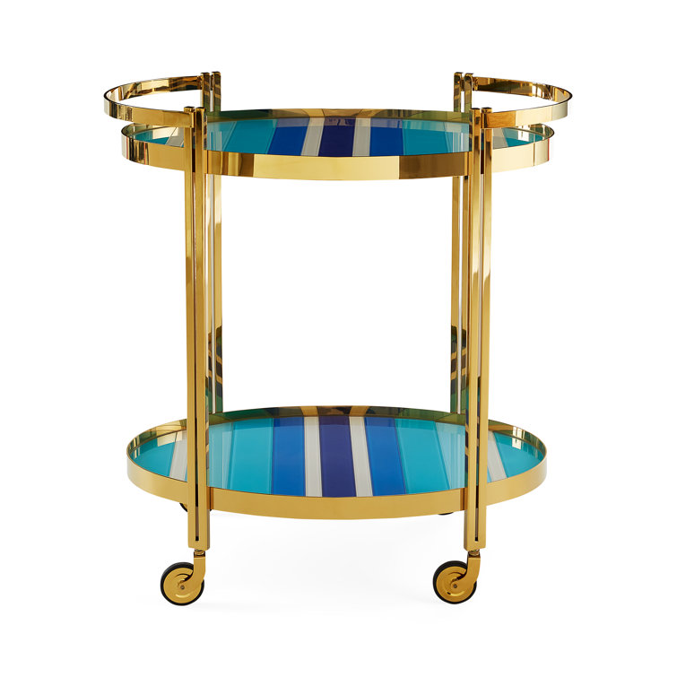 Ultramarine Blue and Brass Bar Cart with Glass Shelves