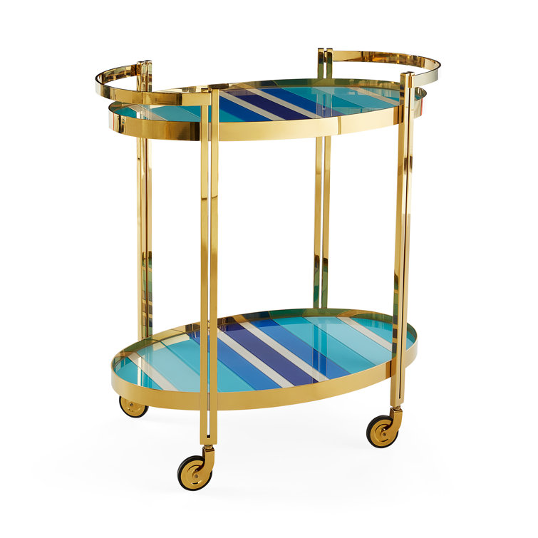 Ultramarine Blue and Brass Bar Cart with Glass Shelves