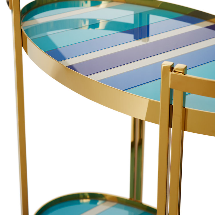 Ultramarine Blue and Brass Bar Cart with Glass Shelves