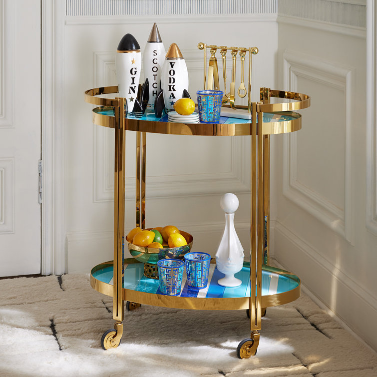 Ultramarine Blue and Brass Bar Cart with Glass Shelves