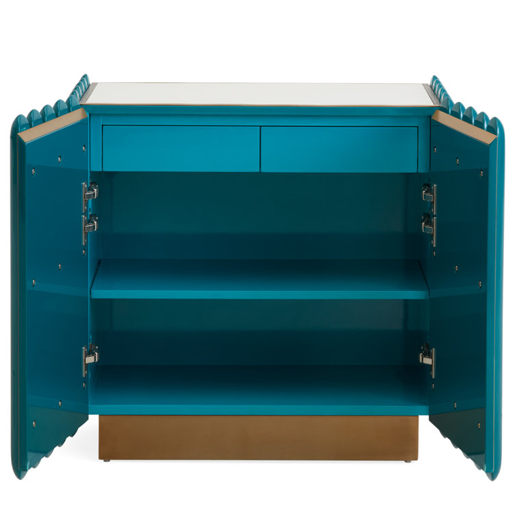 Teal and Brass Geometric Pattern Accent Cabinet with Adjustable Shelving