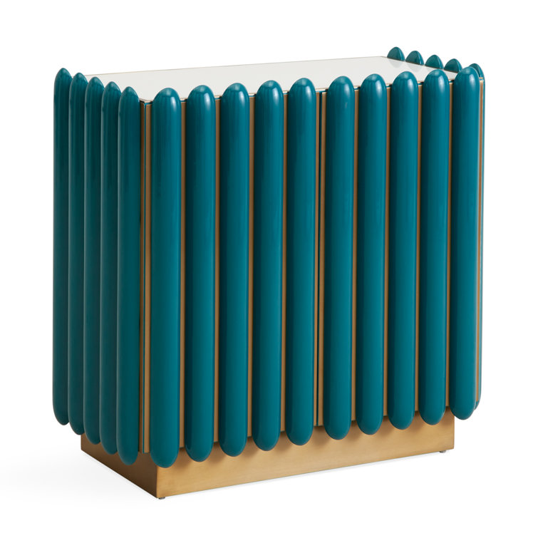 Teal and Brass Geometric Pattern Accent Cabinet with Adjustable Shelving