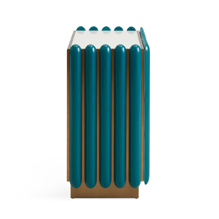 Teal and Brass Geometric Pattern Accent Cabinet with Adjustable Shelving