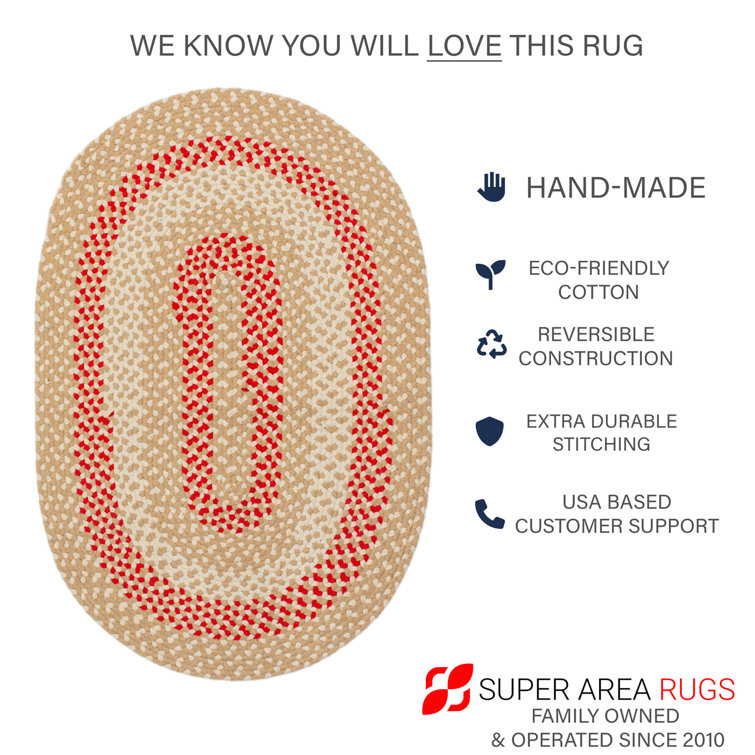 Handmade Braided Beige and Red Cotton Runner Rug