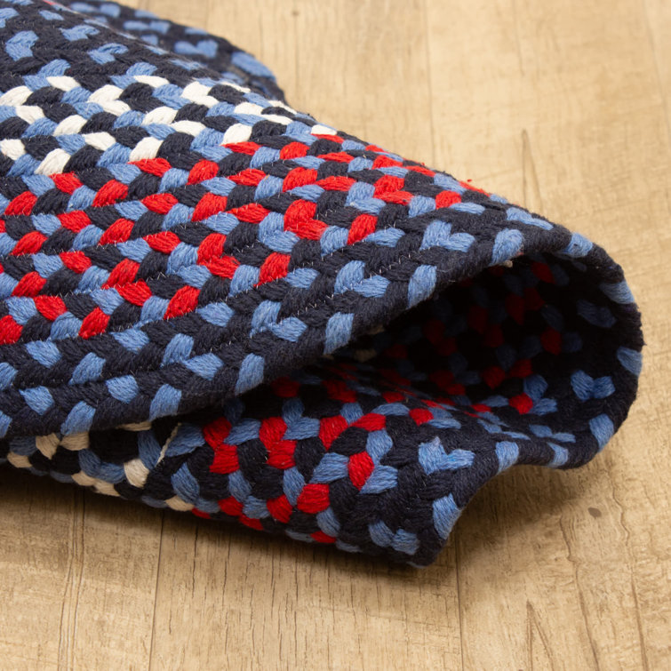 Handmade Oval Blue and Red Cotton Braided Area Rug