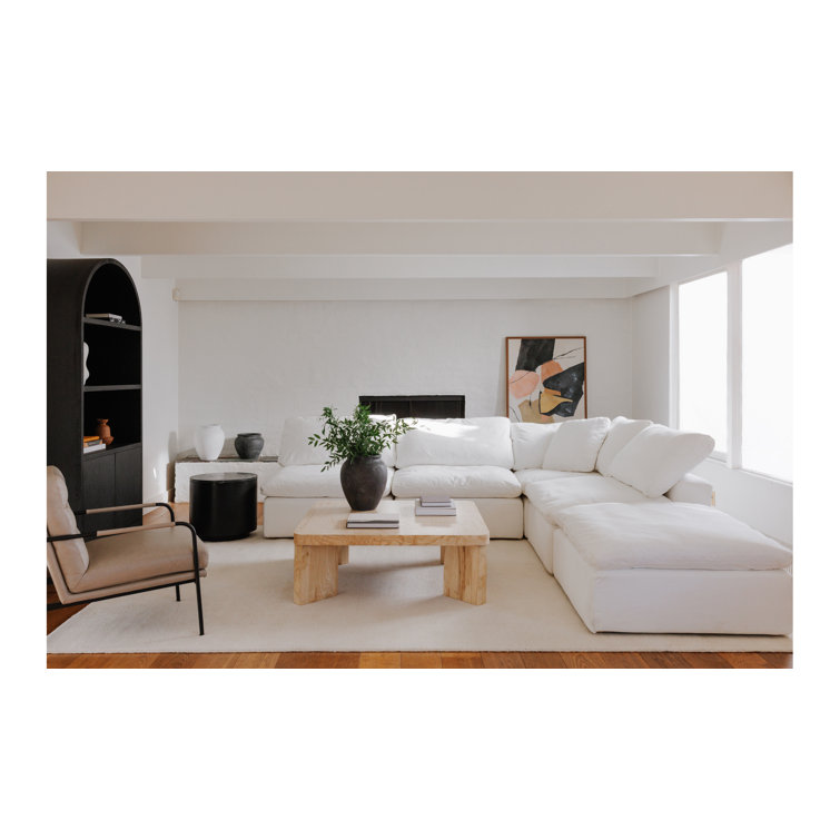 Cream White Velvet Performance Fabric Ottoman with Solid Wood Frame